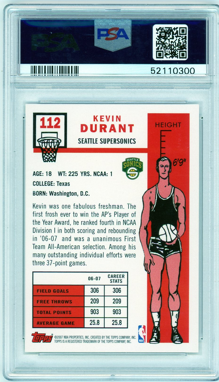 2007 Topps #112 Kevin Durant 1957-58 Variation PSA 9 RC Rookie