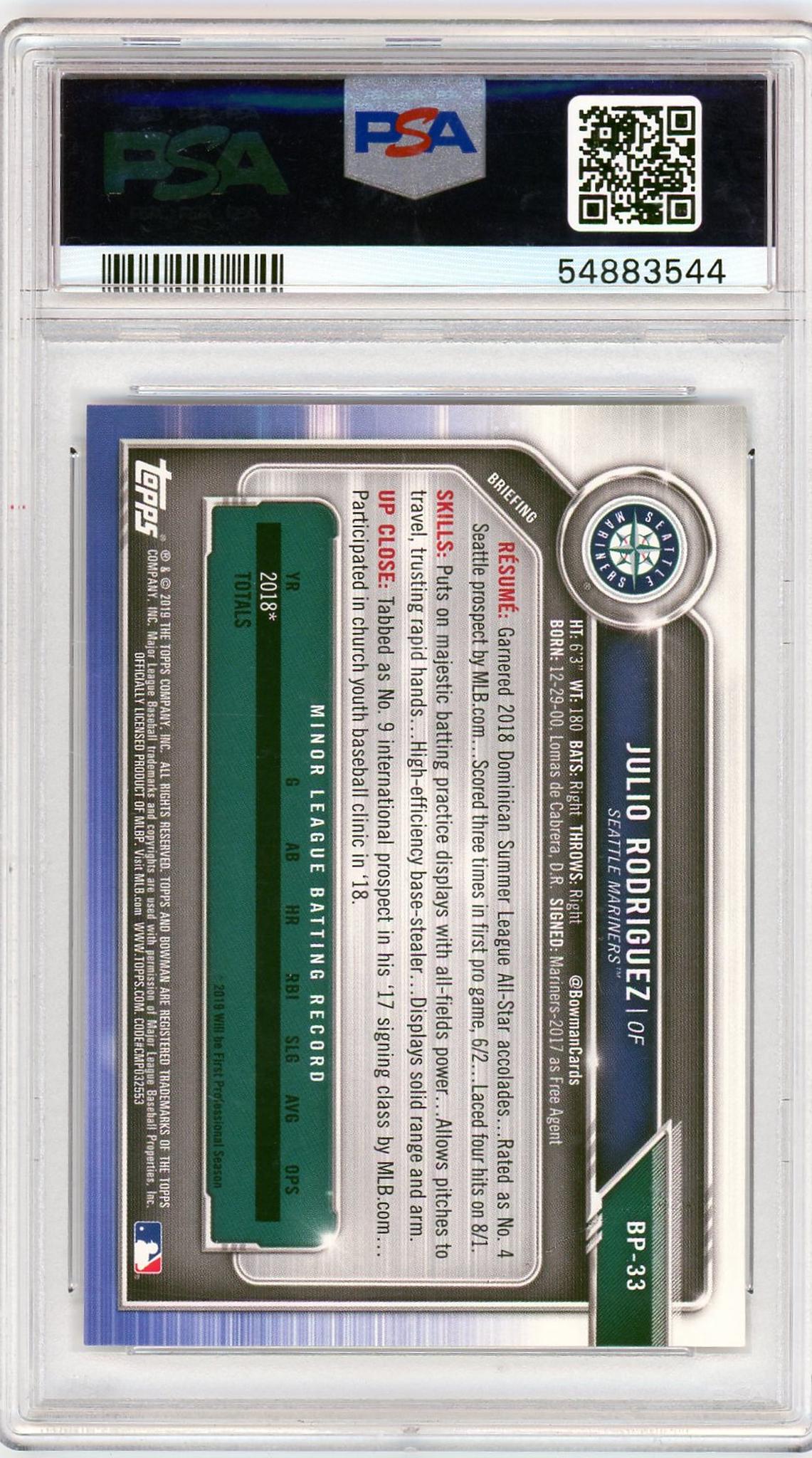 2019 Bowman Julio Rodriguez Paper Prospects PSA 10 RC Rookie 1st