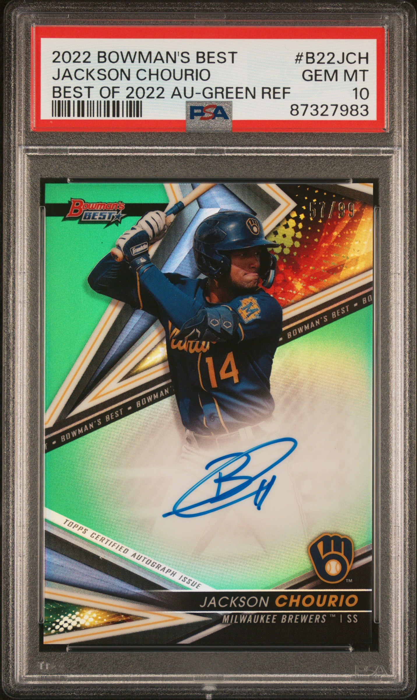 2022 Bowman’s Best Au-Green Jackson Chourio #B22JCH Auto /99 PSA 10