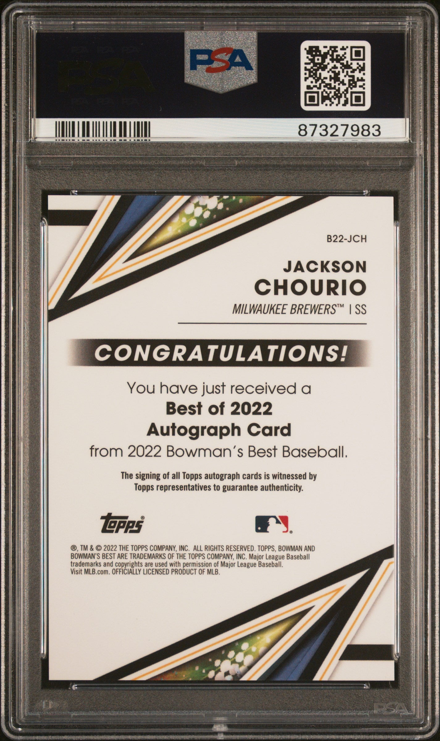 2022 Bowman’s Best Au-Green Jackson Chourio #B22JCH Auto /99 PSA 10