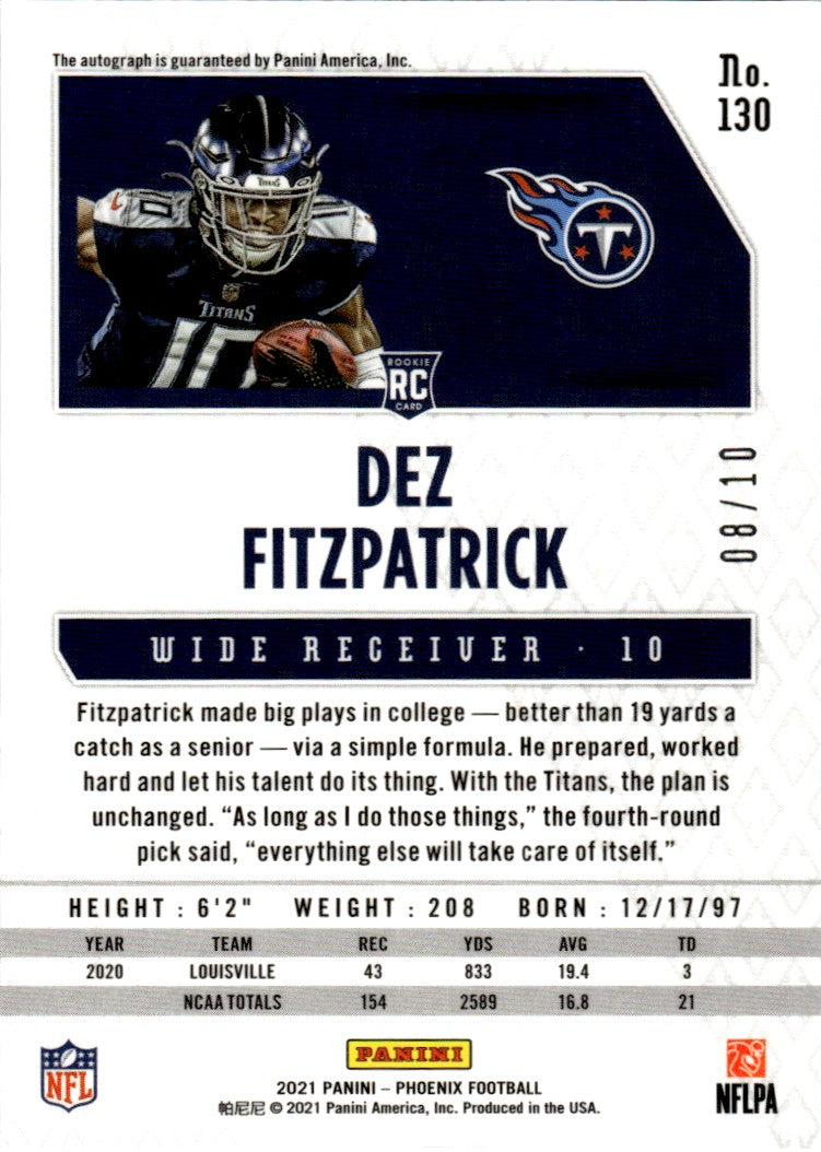 2021 Panini Phoenix Dez Fitzpatrick #130 RC Auto /10