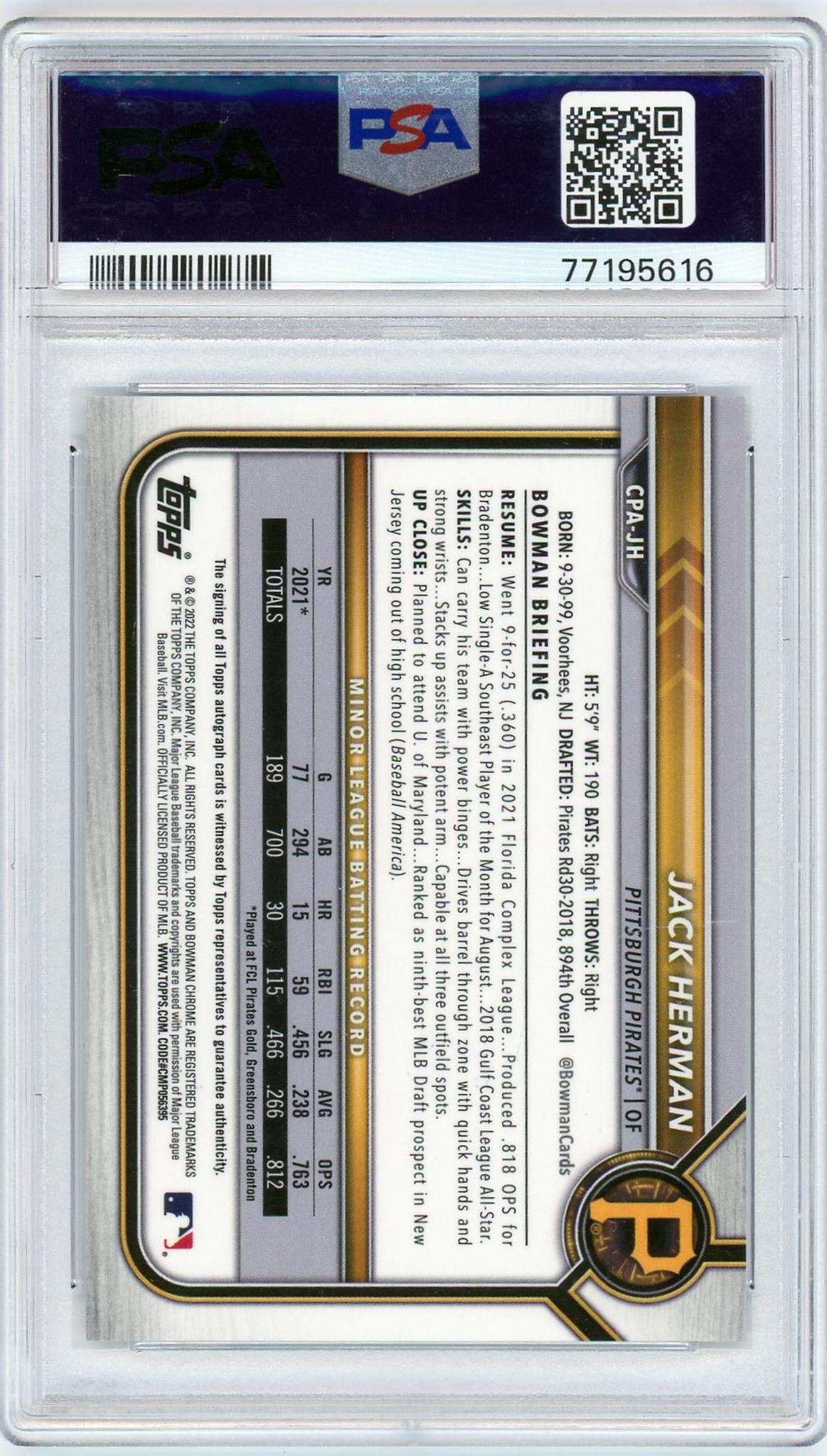 2022 Bowman Chrome 1st Auto Jack Herman PSA 9