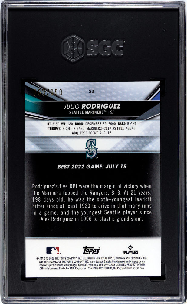 2022 Bowman's Best #23 Julio Rodriguez Blue Refractor /150 SGC 10 RC Rookie