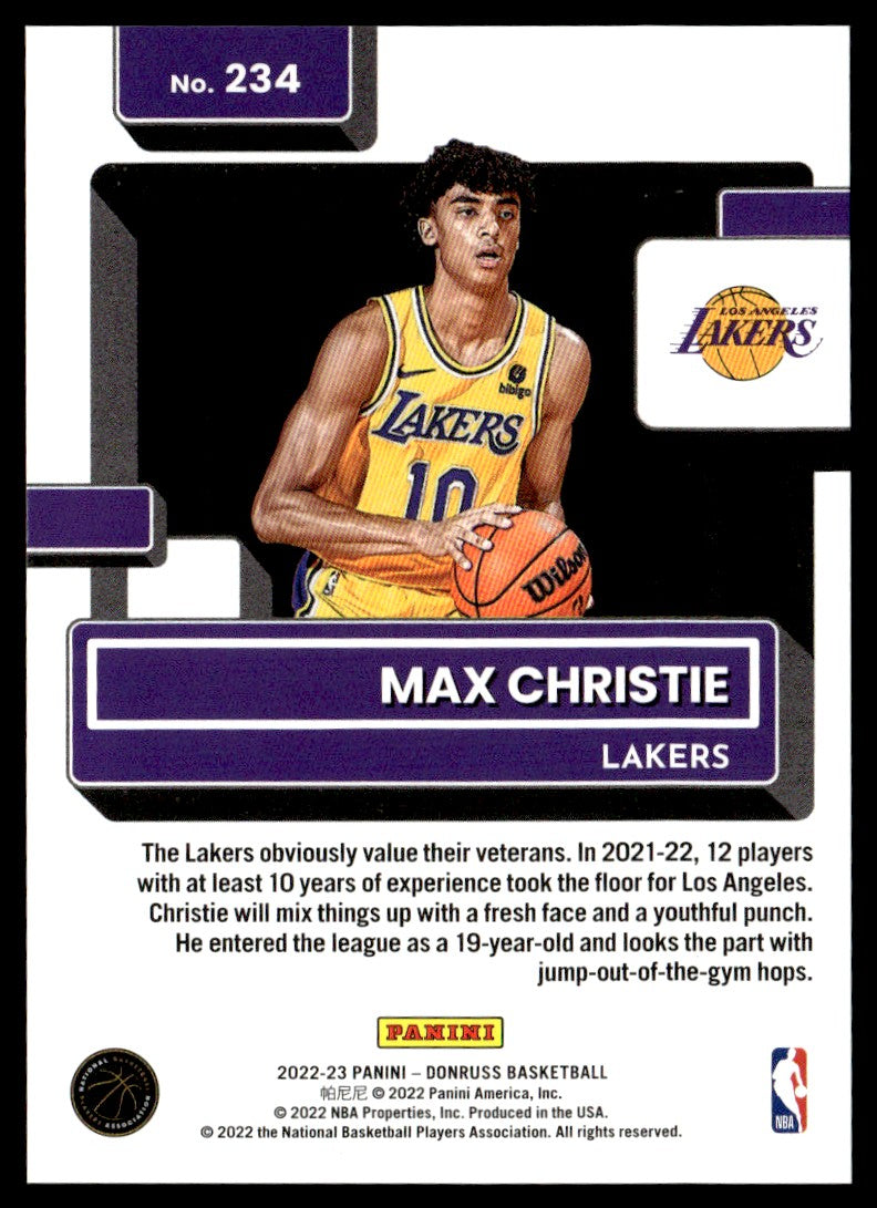 2022 Panini Donruss 234 Max Christie Rated Rookie Purple Rookie /99 Lakers
