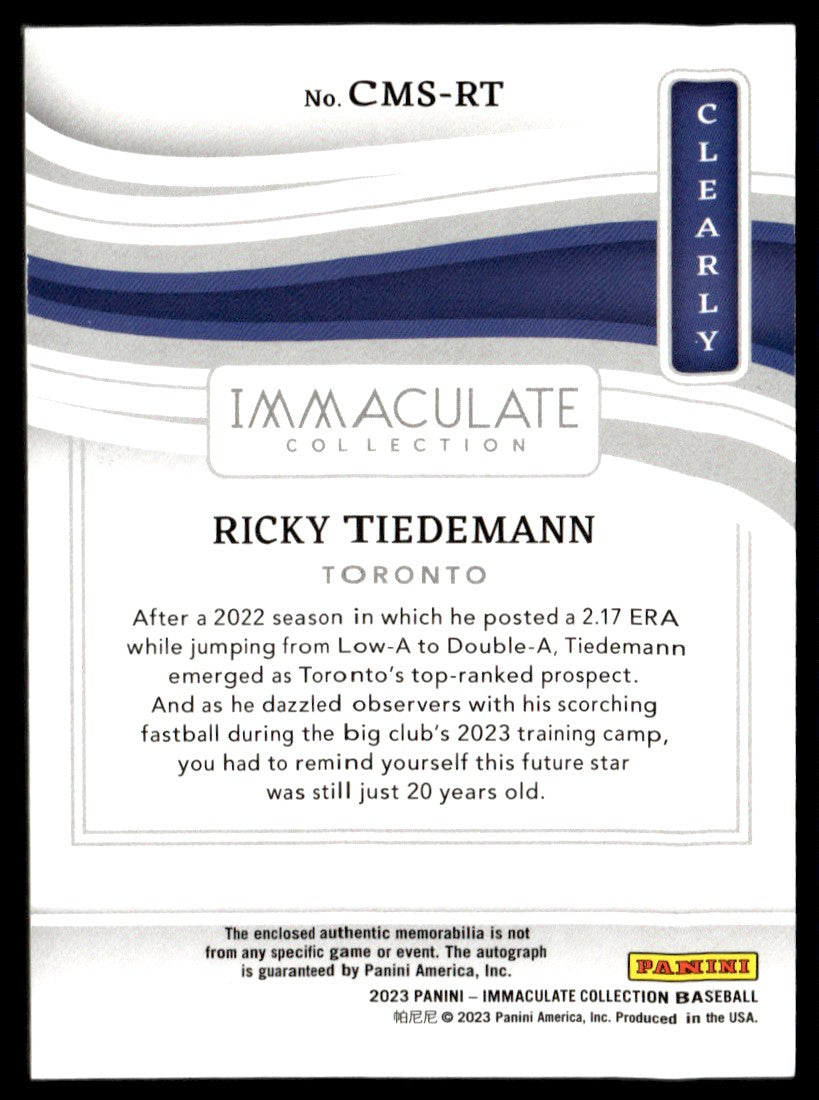 2023 Panini Immaculate Clearly Ricky Tiedemann #CMS-RT Patch Auto /99