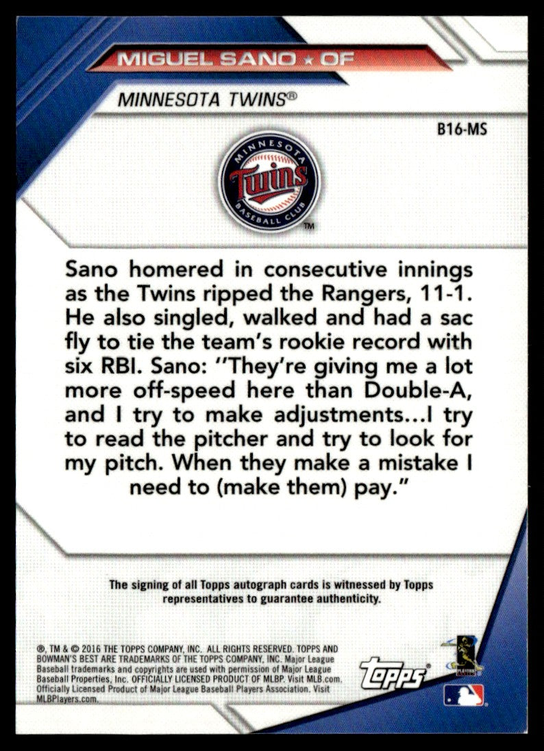 2016 Bowman's Best Green Refractor Miguel Sano #B16-MS RC Auto /99