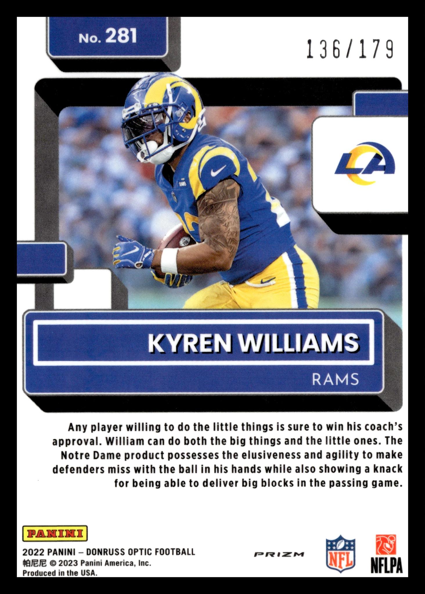 2022 Donruss Optic Prizm Kyren Williams #281 RC /179