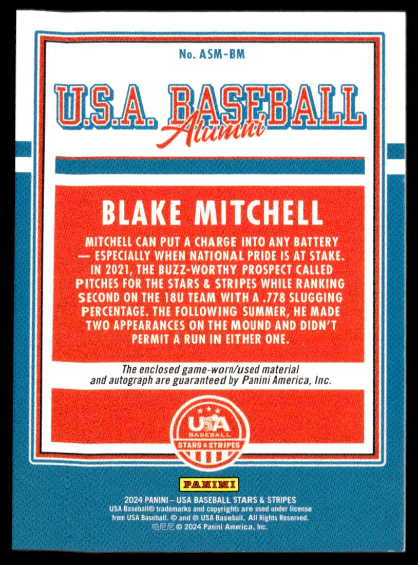 2024 Panini USA Baseball Stars & Stripes Blake Mitchell Alumni Patch Auto /10