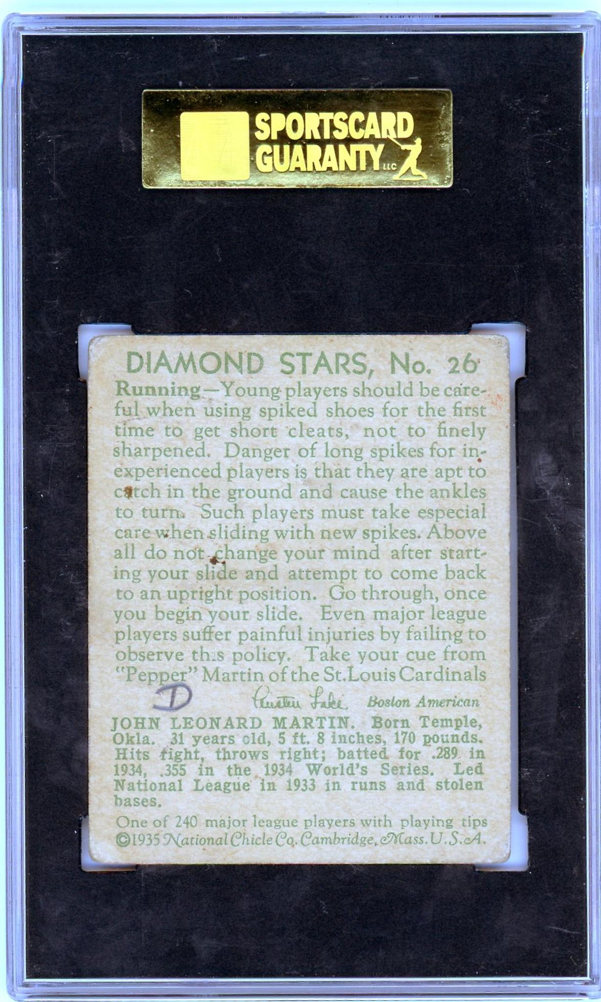 1935 National Chicle Co. Diamond Stars 26 Pepper Martin SGC 30 Good St. Louis Cardinals