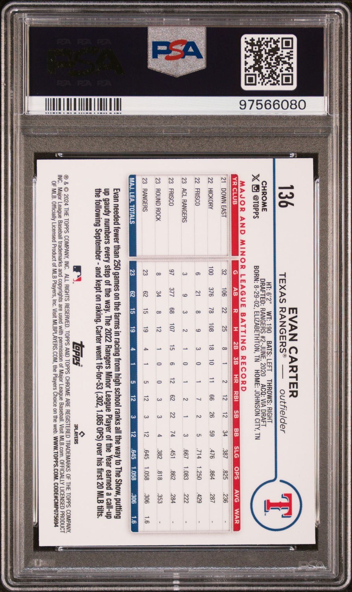 2024 Topps Chrome Purple Speckle Evan Carter #136 RC PSA 9