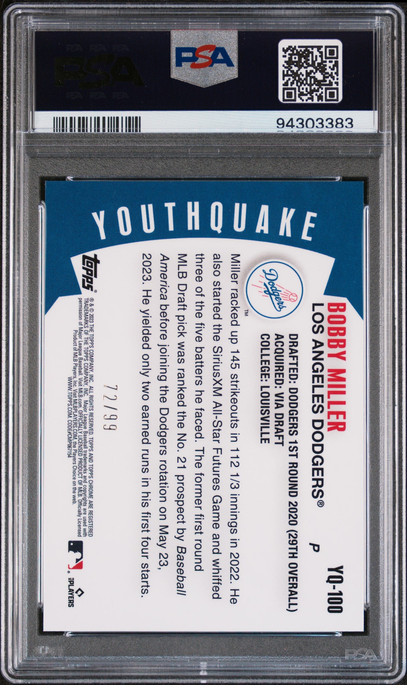 2023 Topps Chrome Youthquake Green Bobby Miller #YQ100 RC /99 PSA 10