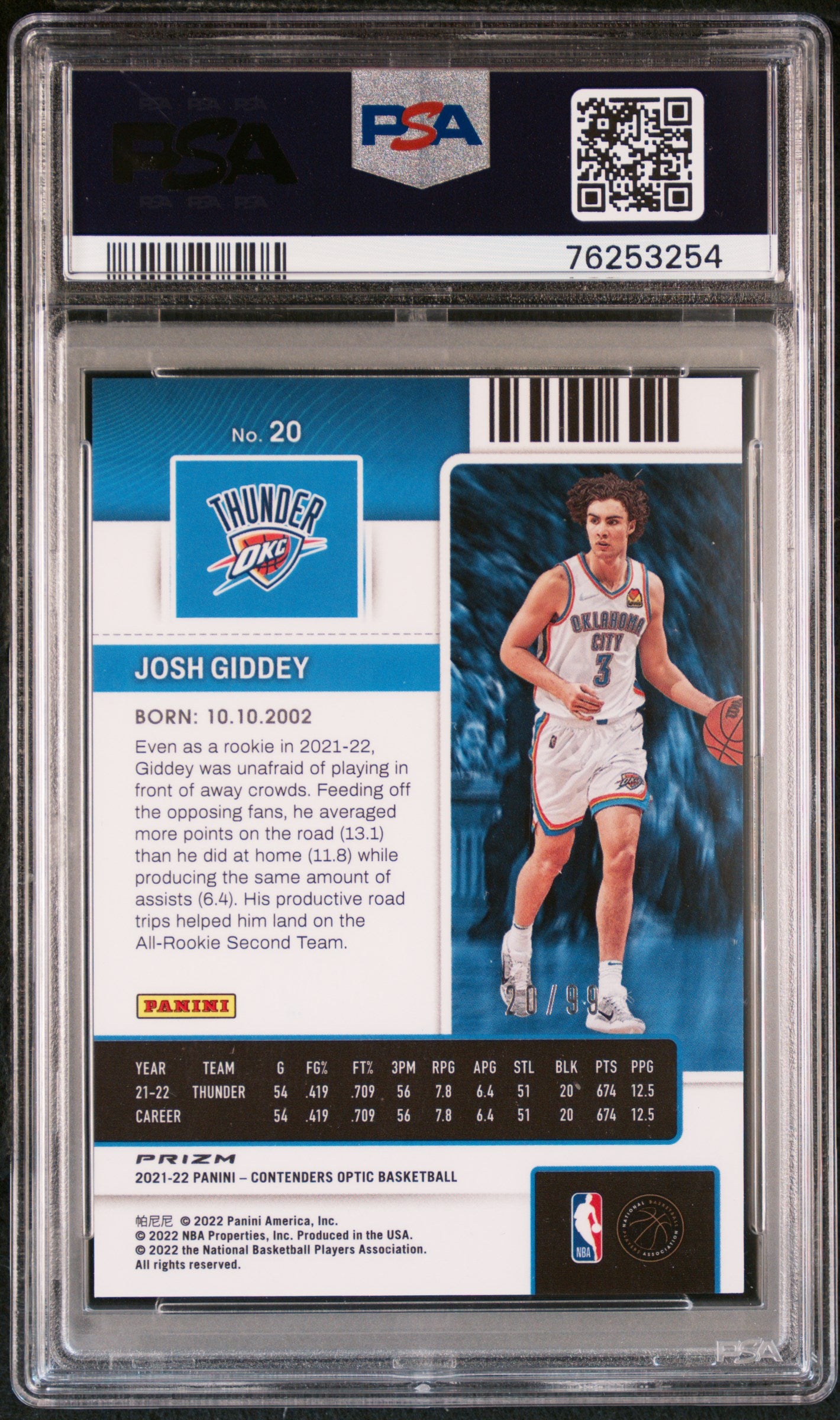 2021 Panini Contenders Optic Blue Josh Giddey #20 RC /99 PSA 9