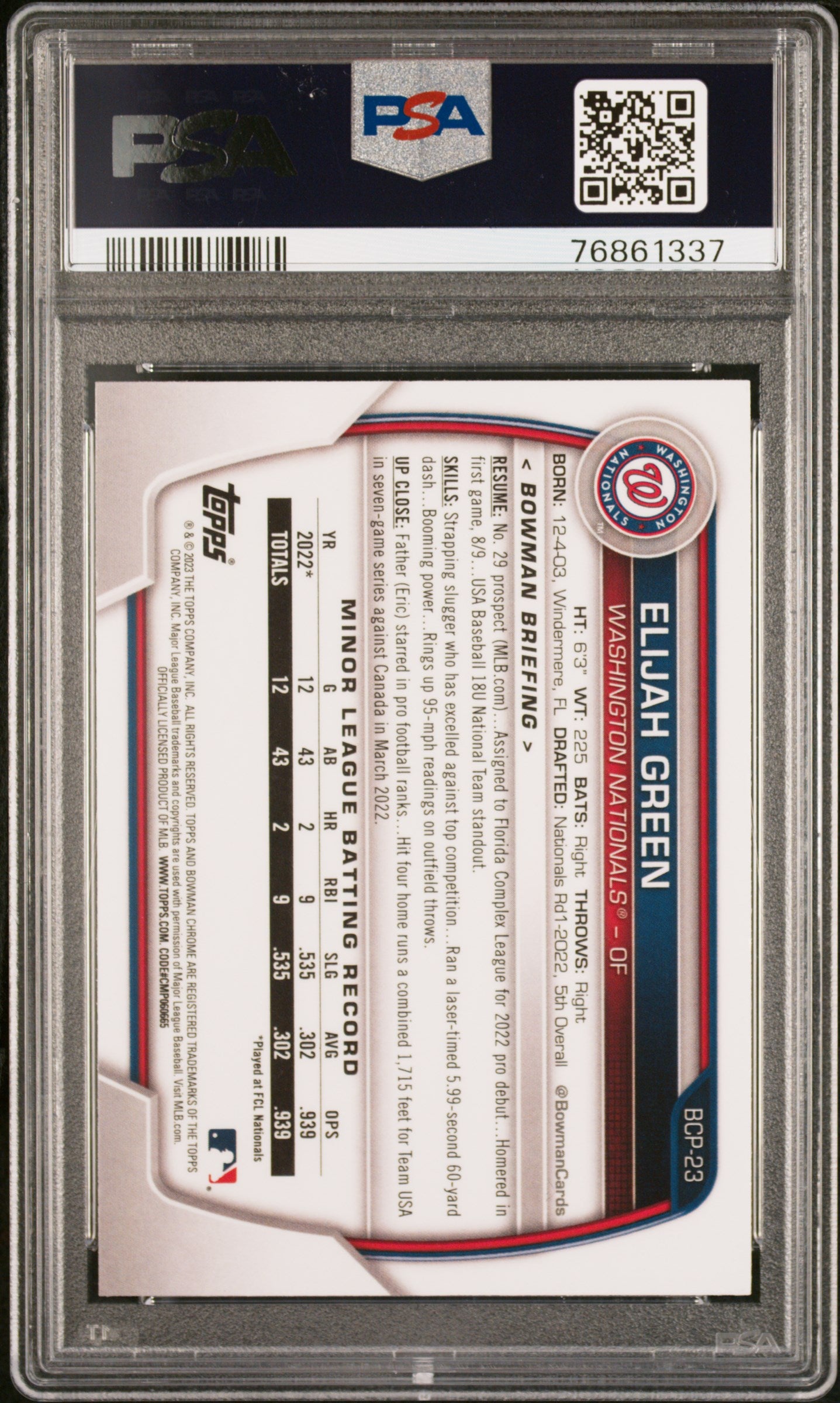 2023 Bowman Chrome Pros Atomic Ref Elijah Green #BCP23 PSA 10
