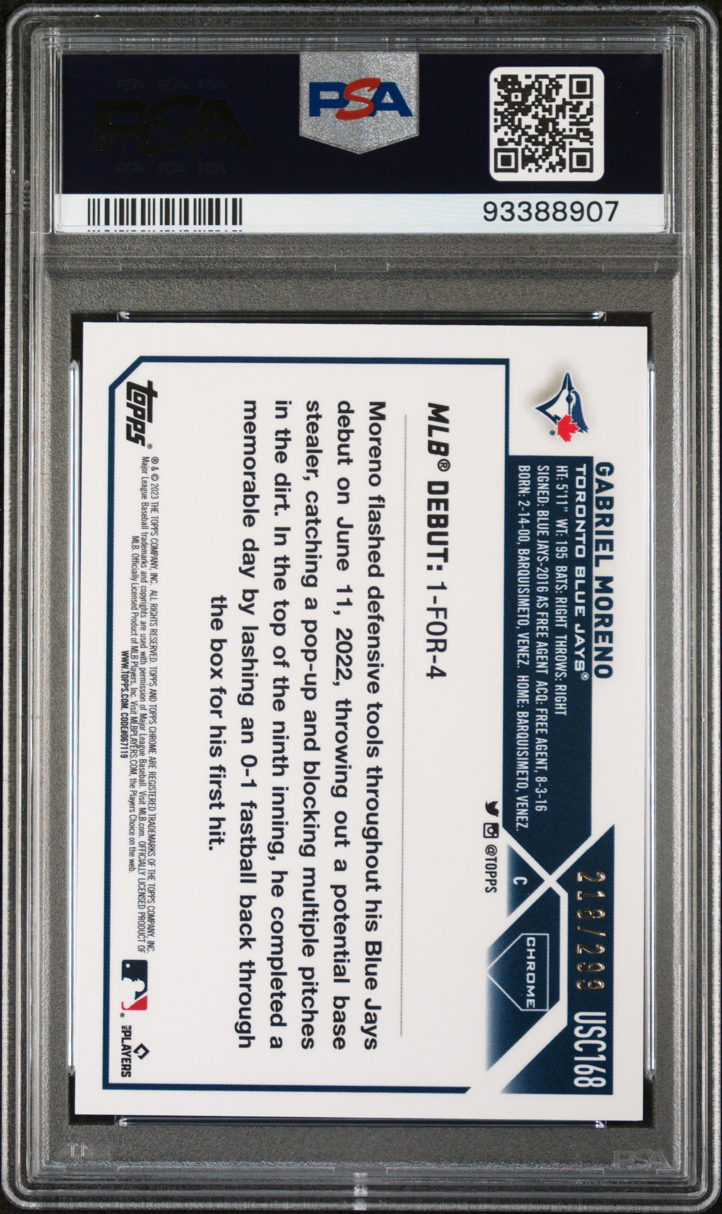 2023 Topps Chrome Update Magenta/Purple Gabriel Moreno #USC168 RC /299 PSA 9