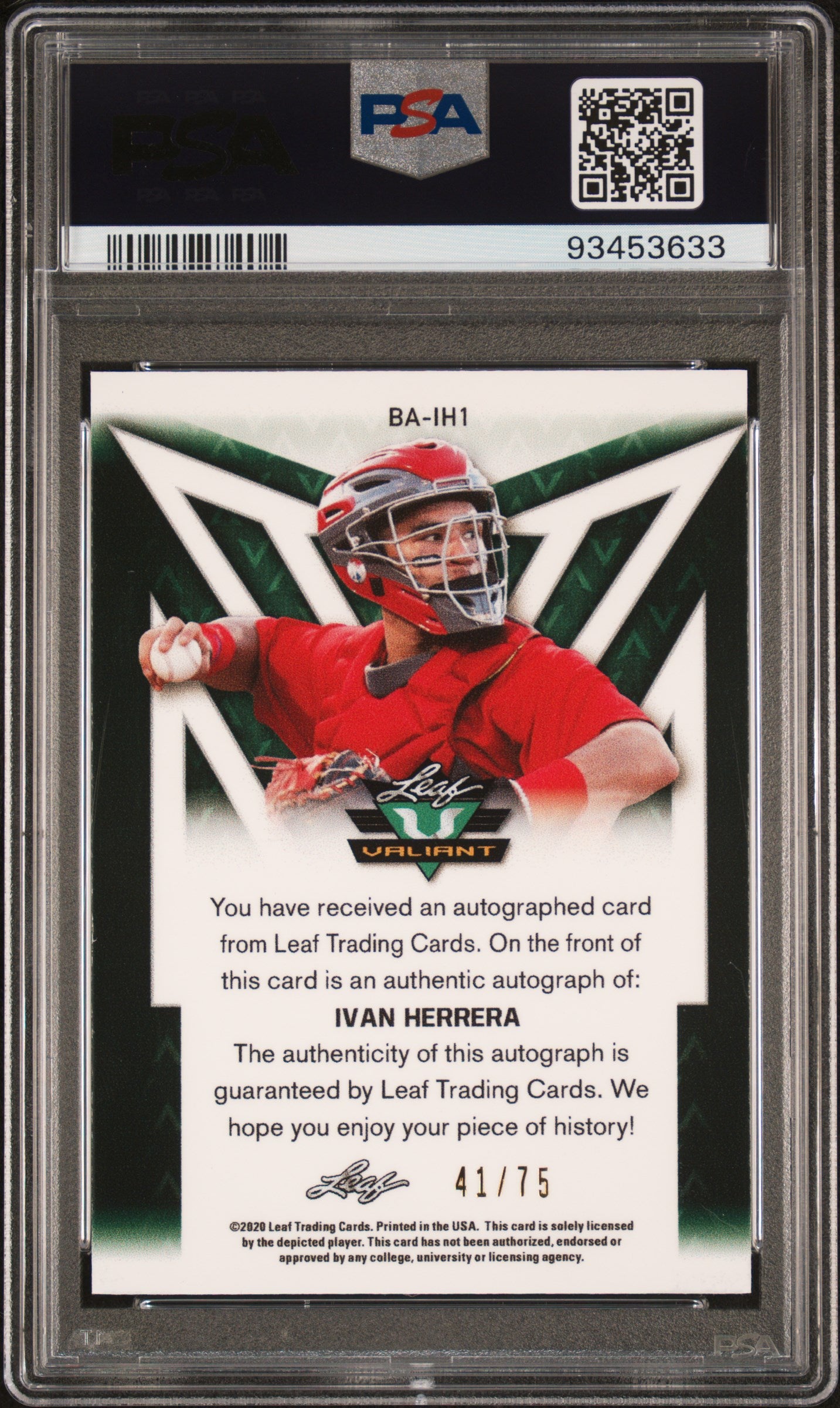 2020 Leaf Valiant BA-IH1 Ivan Herrera Autographs-Orange Rookie /75 PSA 9 Mint