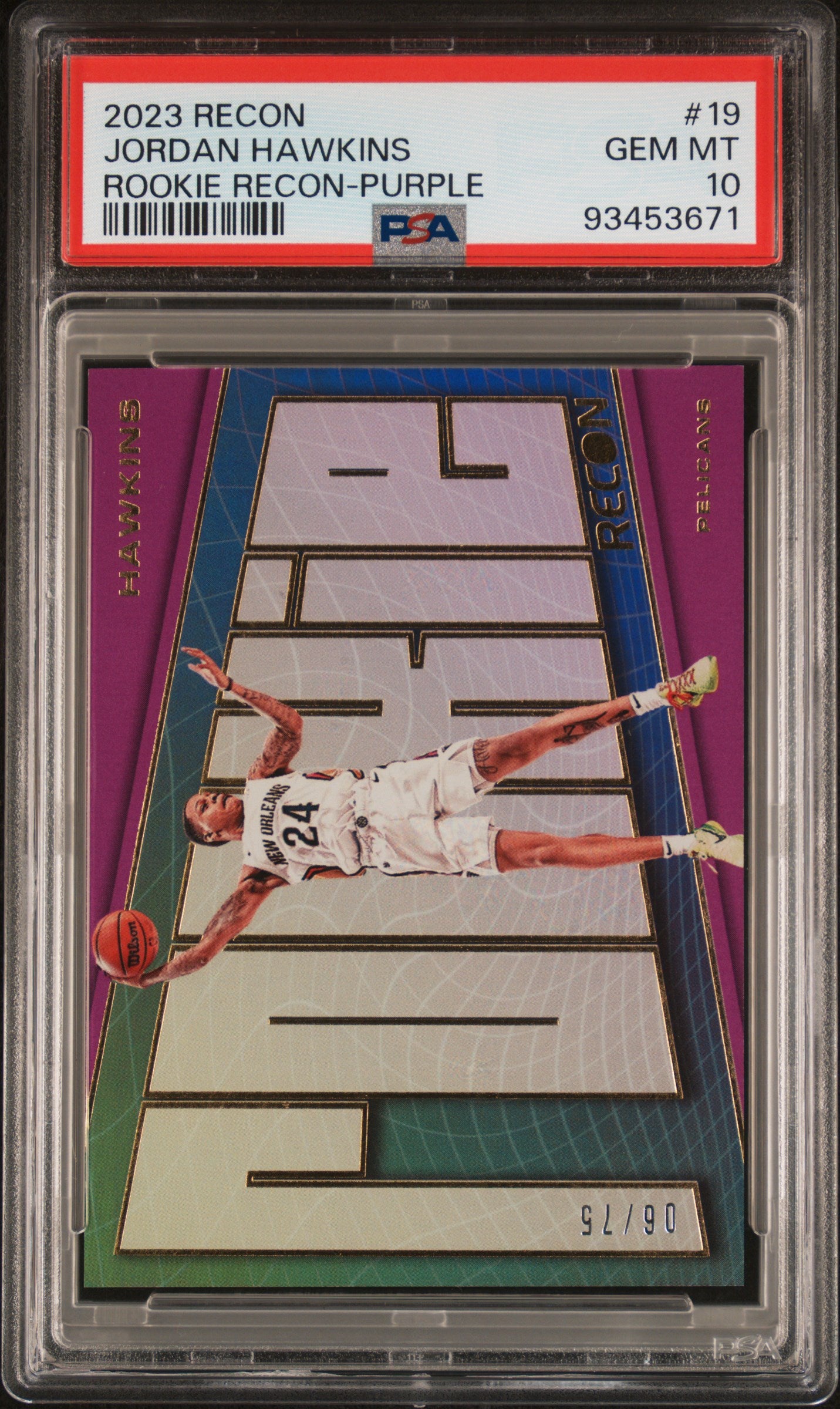 2023 Panini Recon 19 Jordan Hawkins Rookie Recon-Purple Rookie /75 PSA 10 Gem Mint New Orleans Pelicans