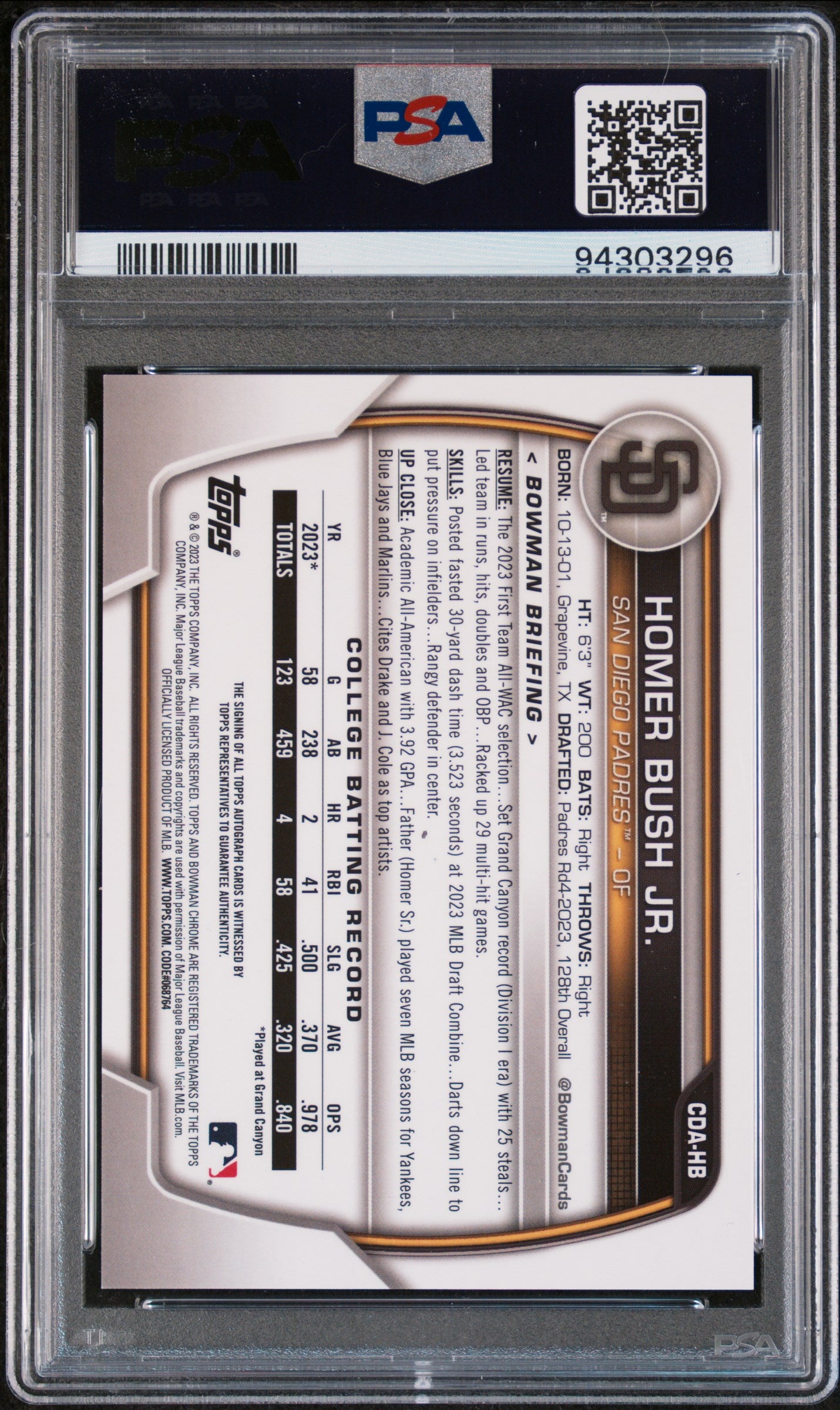 2023 Bowman Draft Chrome Homer Bush Jr. #CDAHB Auto PSA 10