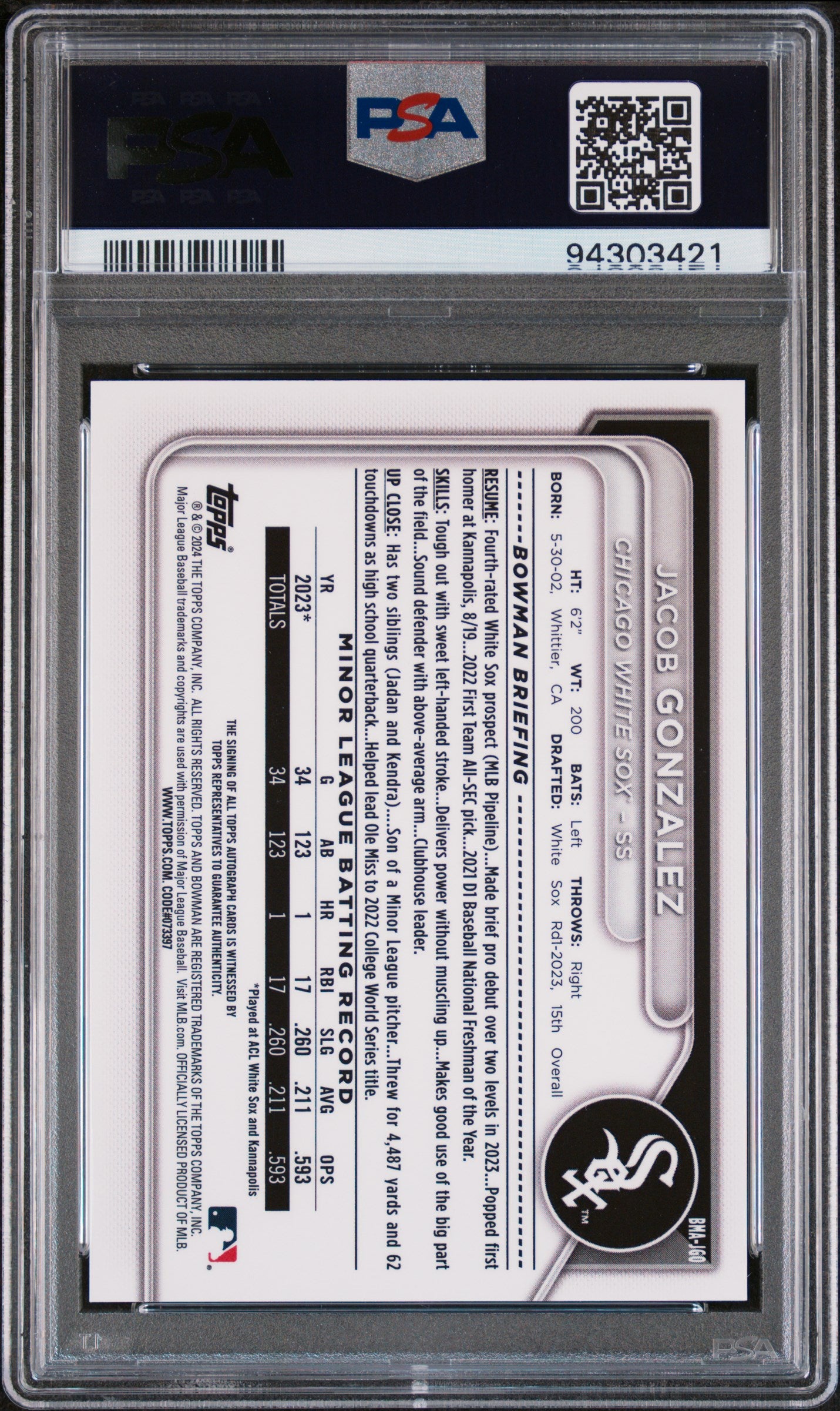 2024 Bowman Mega Box Jacob Gonzalez #JGO Auto PSA 10