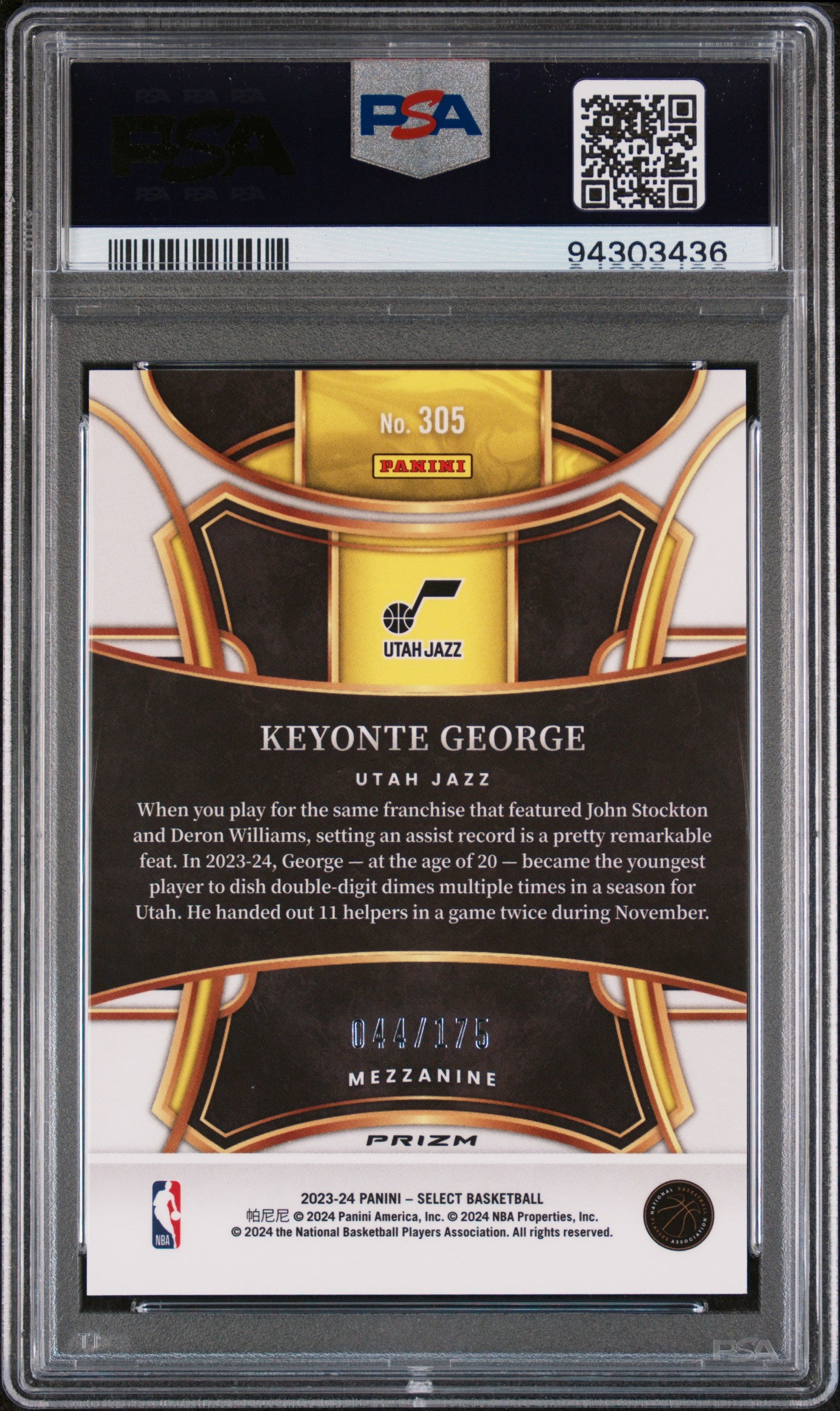2023 Panini Select Purple Flash Keyonte George #305 RC /175 PSA 9