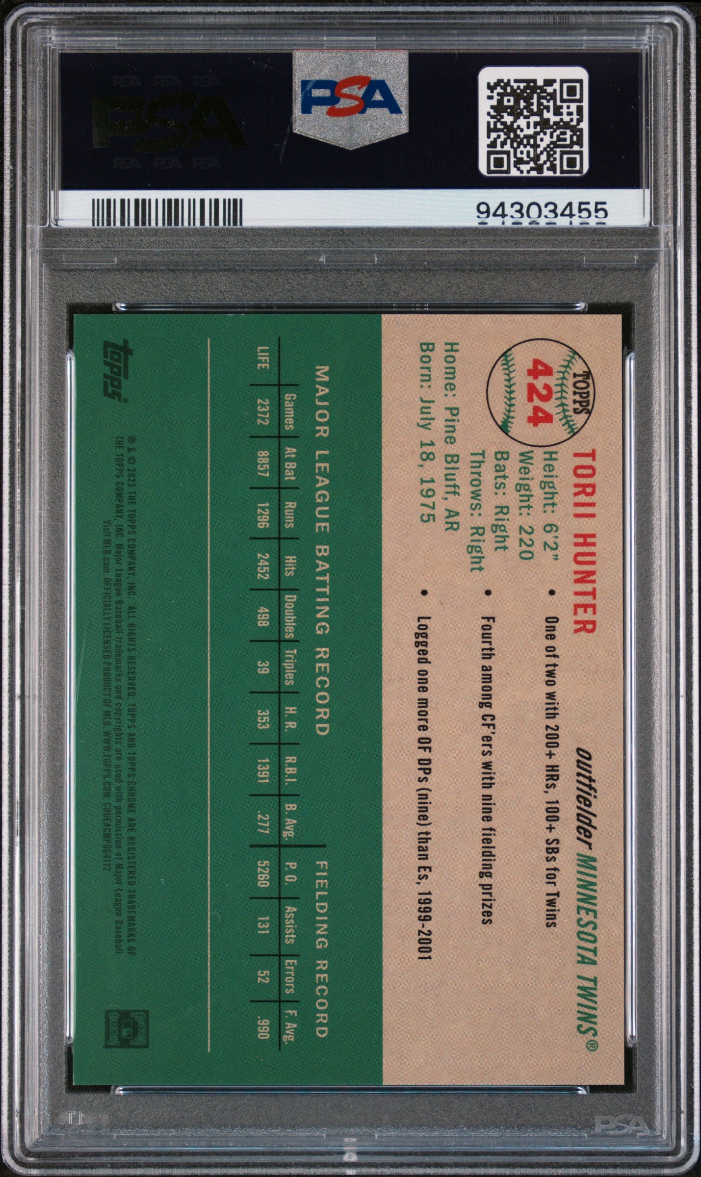 2023 Topps Chrome Platinum Anniversary White/Green /99 Torii Hunter PSA 10