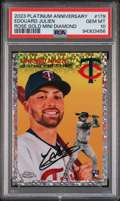 2023 Topps Chrome Platinum Anniversary Edouard Julien #179 Rose Gold Mini Diamond /75 PSA 10
