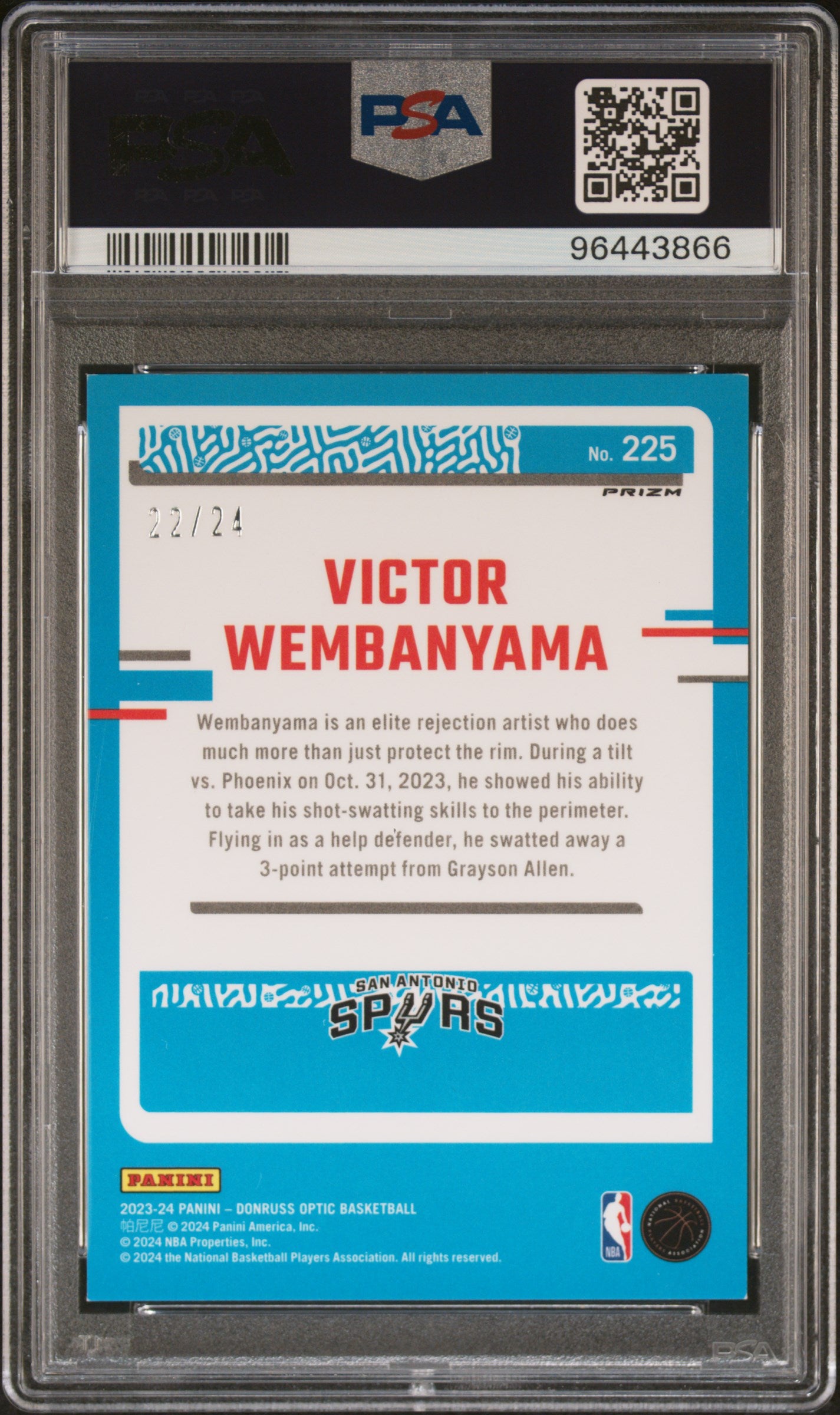 2023 Panini Donruss Optic #225 Victor Wembanyama Blue Mojo Choice PSA 8