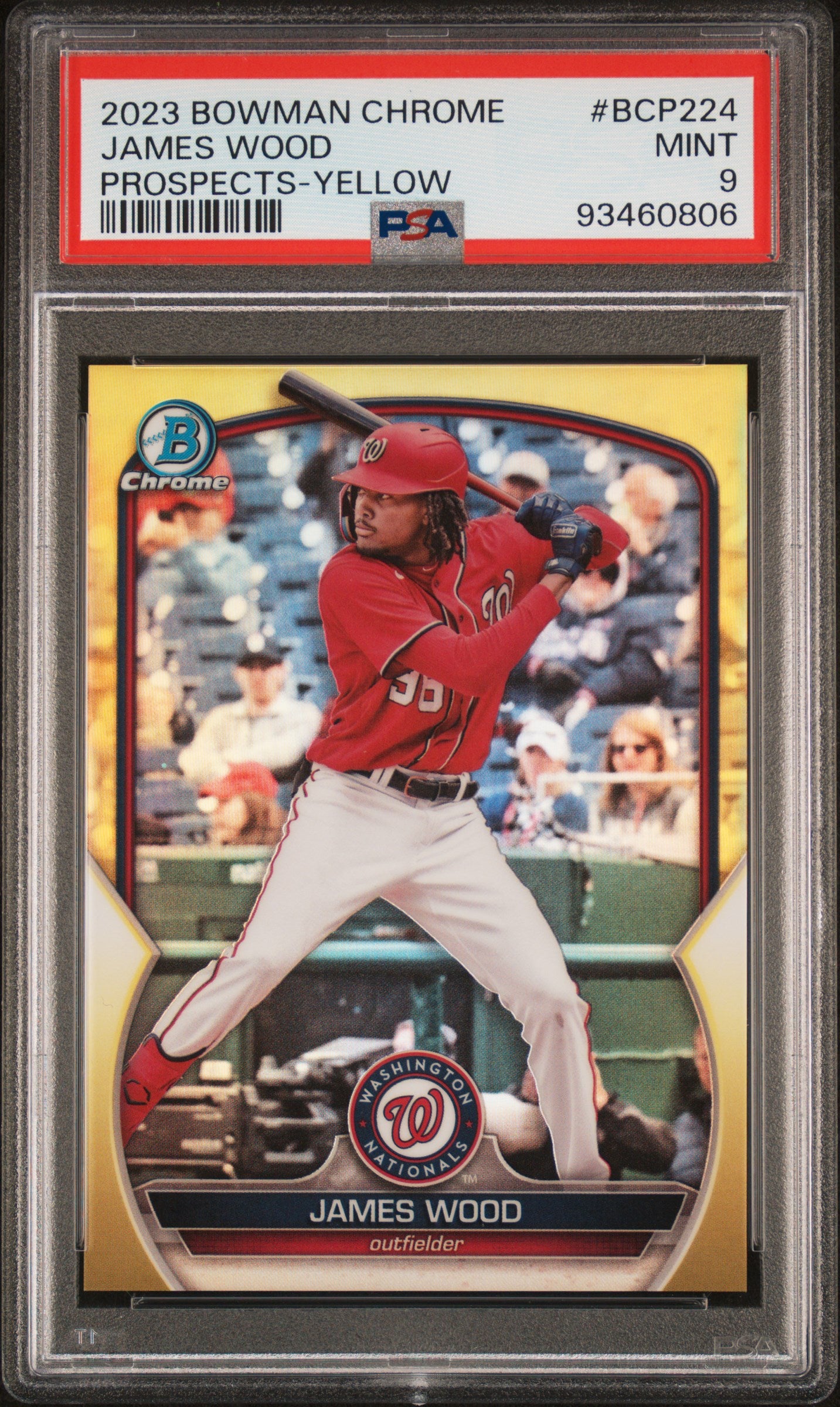 2023 Bowman Chrome BCP224 James Wood Prospects Yellow /75 PSA 9 Mint Washington Nationals