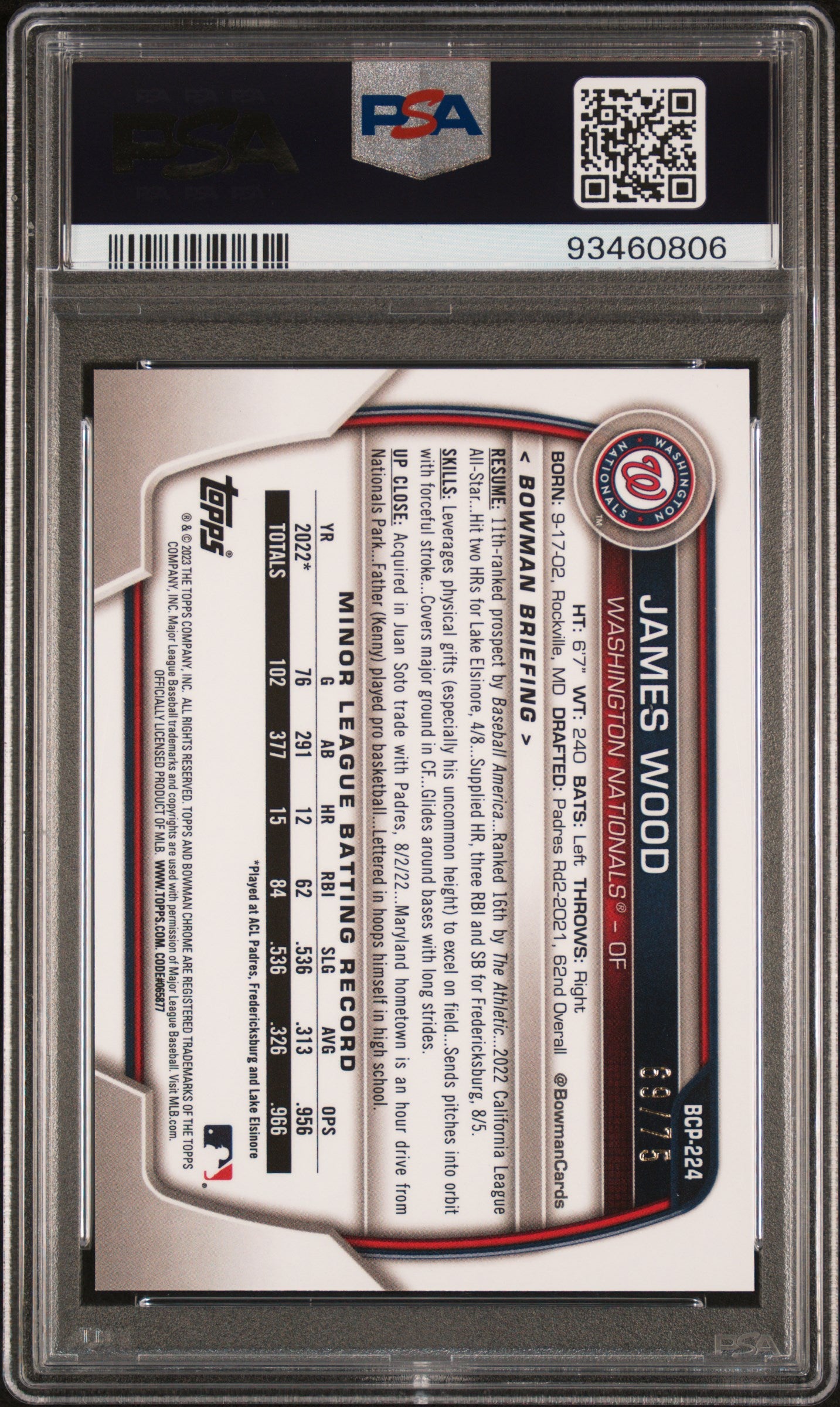 2023 Bowman Chrome BCP224 James Wood Prospects Yellow /75 PSA 9 Mint Washington Nationals