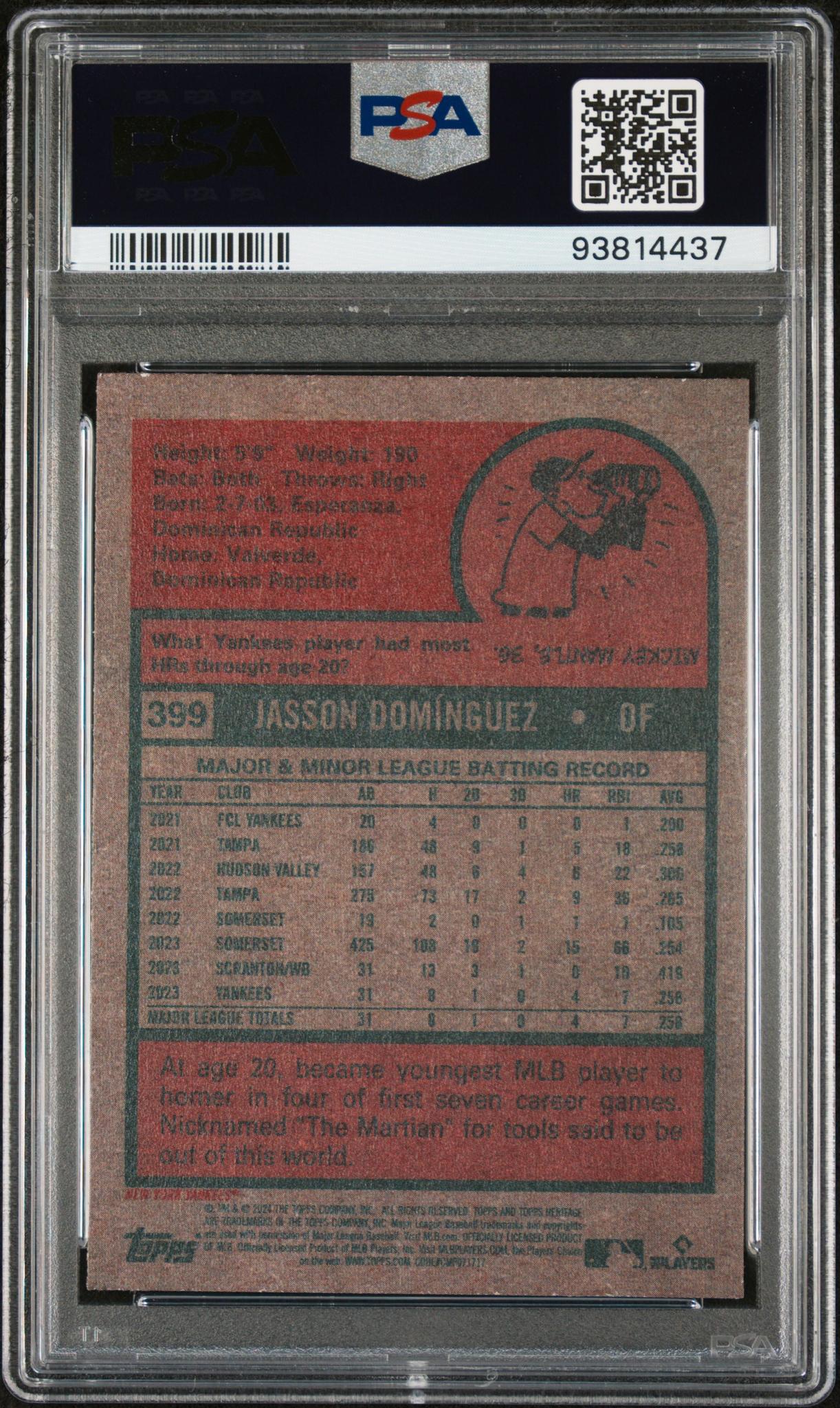 2024 Topps Heritage 399 Jasson Dominguez Rookie PSA 9 Mint Yankees