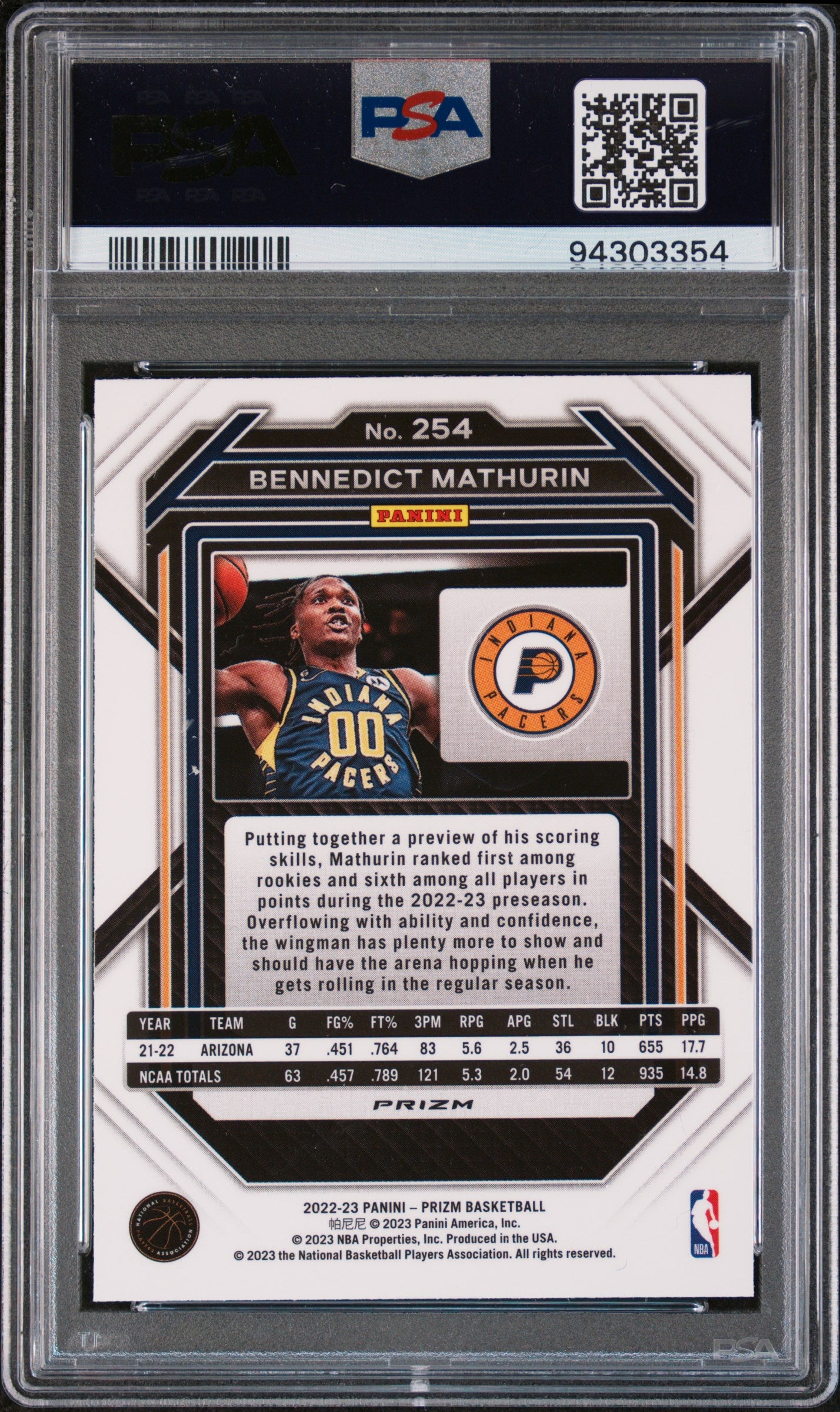 2022 Panini Prizm 254 Bennedict Mathurin Silver Rookie PSA 9 Mint Pacers