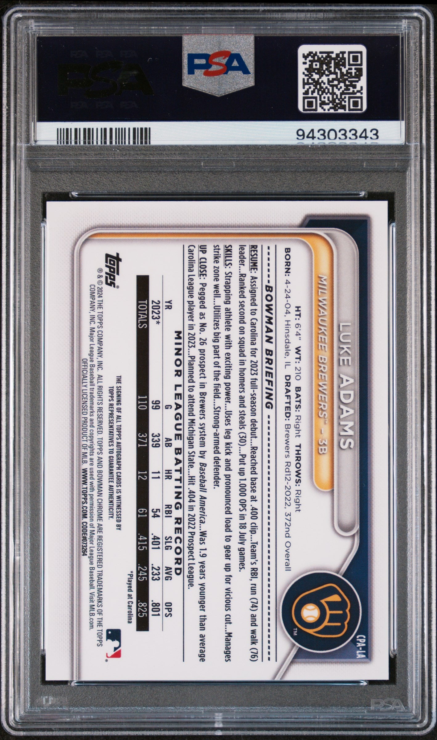 2024 Bowman Luke Adams Chrome Prospect Auto Rookie PSA 9