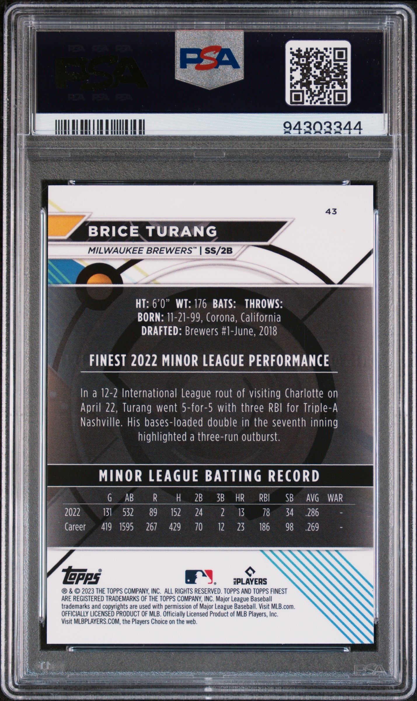 2023 Topps Finest #43 Brice Turang Aqua Rookie RC /199 PSA 9