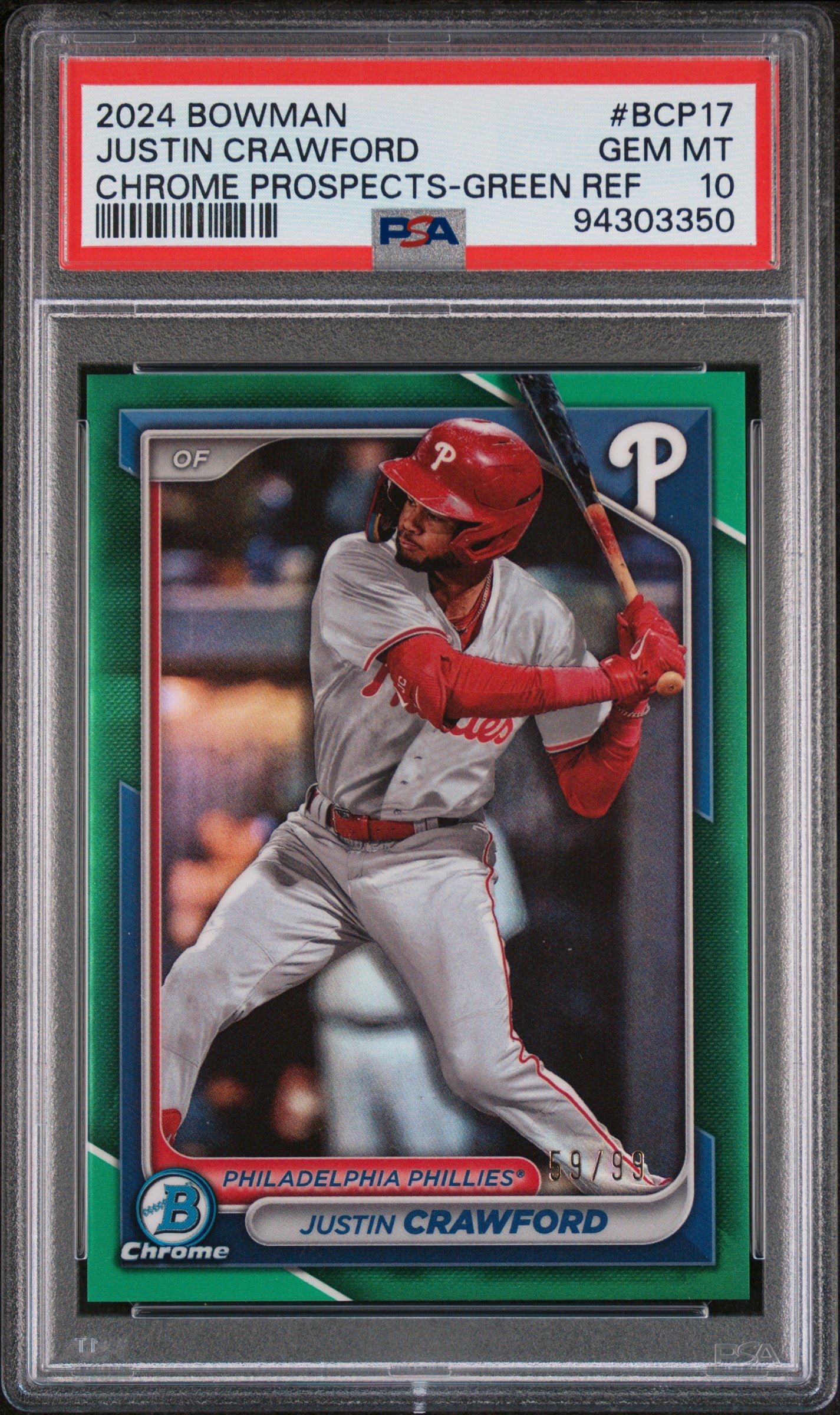 2024 Bowman Chrome Justin Crawford Prospects Green Refractor /99 PSA 10