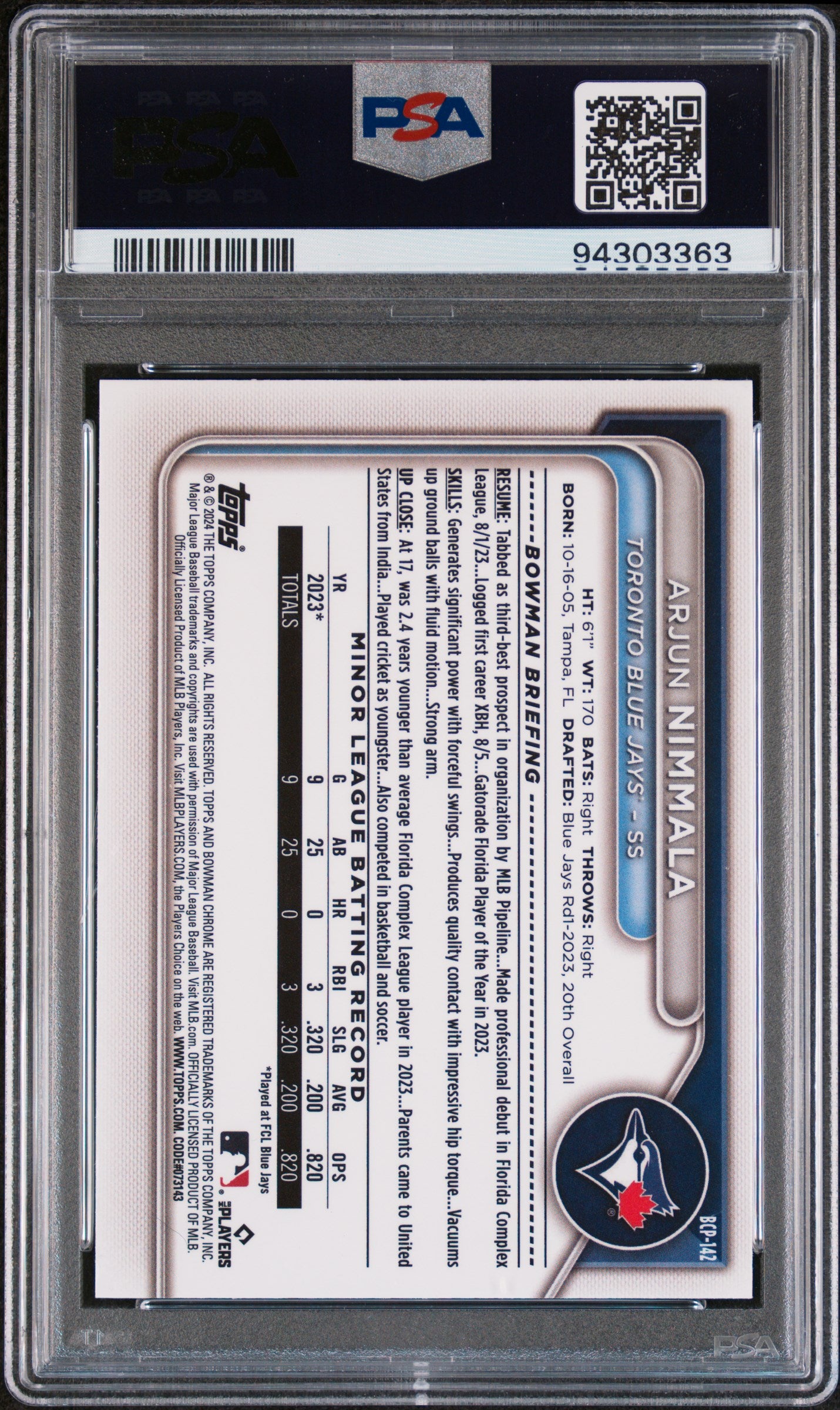 2024 Bowman Chrome #BCP142 Arjun Nimmala Prospects  PSA 9