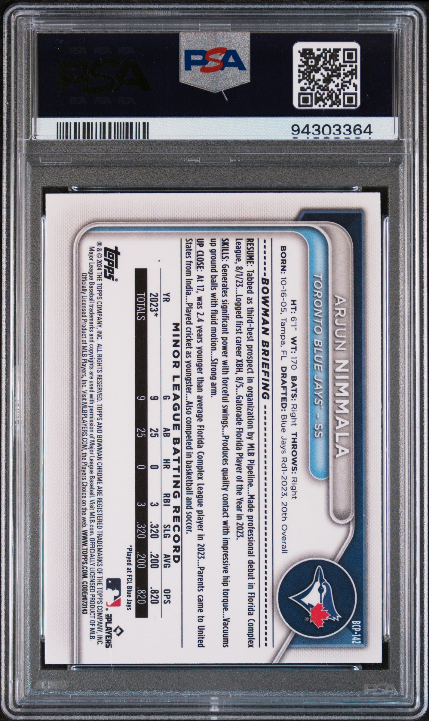 2024 Bowman Chrome #BCP142 Arjun Nimmala Chrome Prospects PSA 10