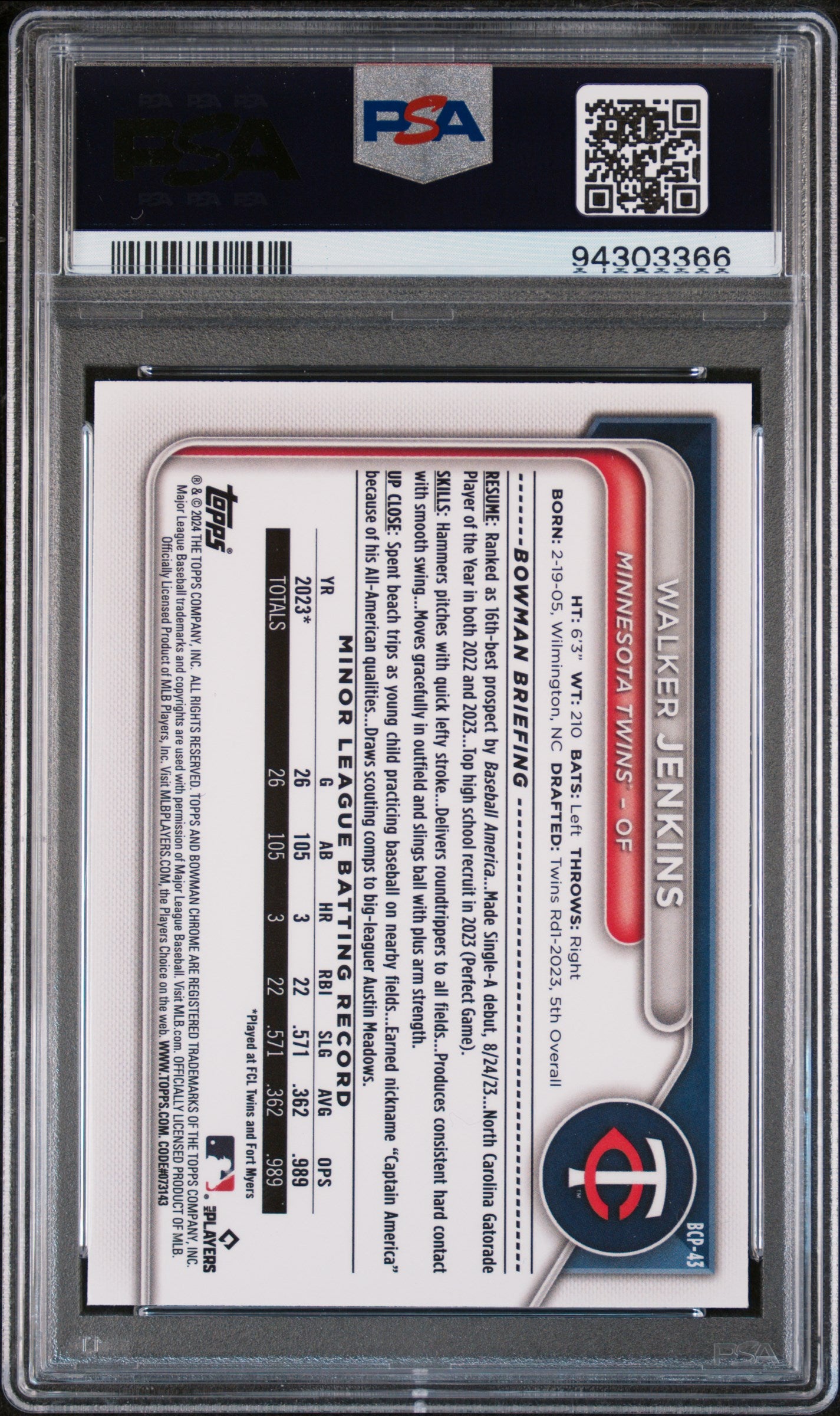 2024 Bowman Chrome Walker Jenkins #BCP43 PSA 10