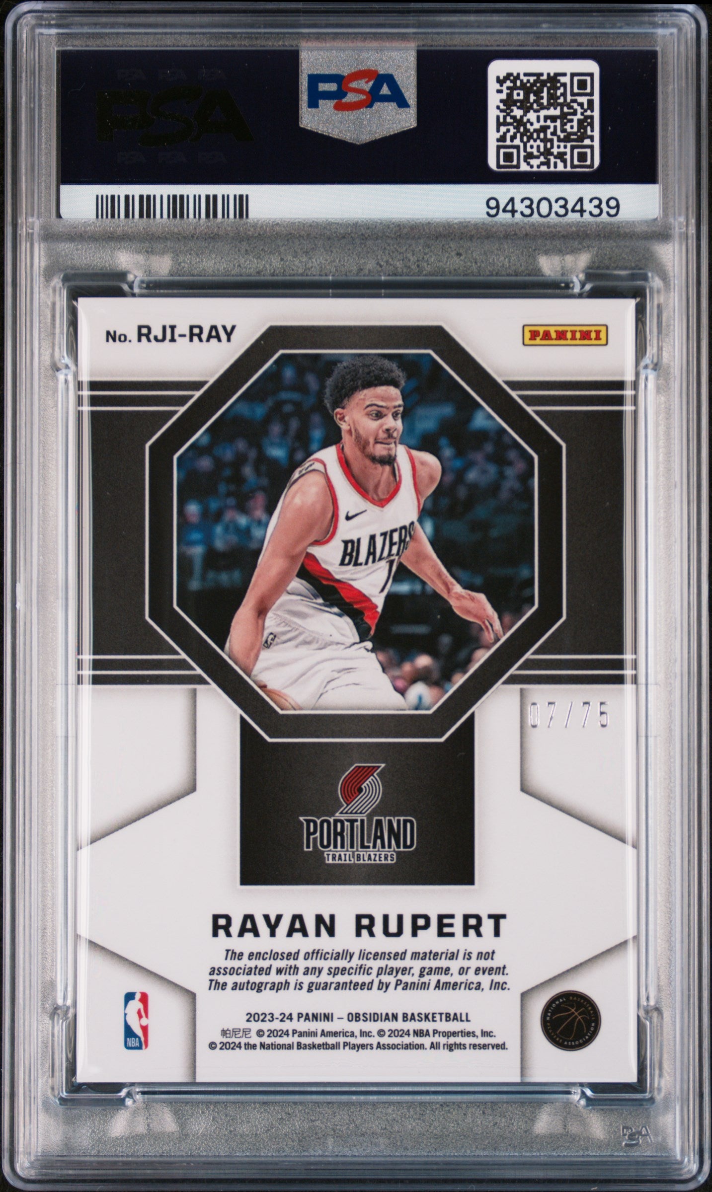 2023 Panini Obsidian RJI-RAY Rayan Rupert Orange Flood Rookie /75 PSA 9 Mint Portland Trail Blazers Auto