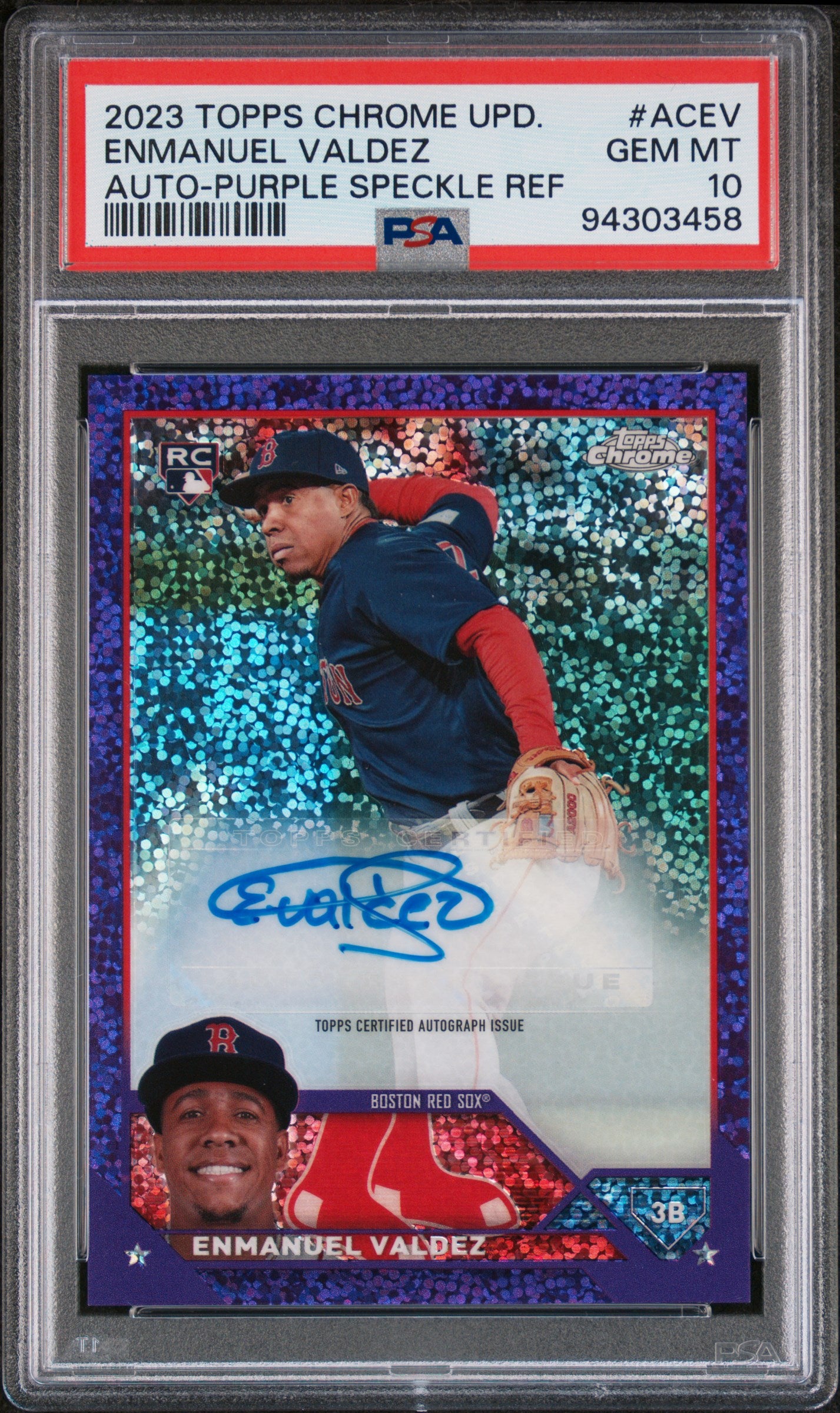 2023 Topps Chrome #ACEV Enmanuel Valdez Auto-Purple Speckle Ref Purple Rookie /299 PSA 10 Gem Mint Boston Red Sox