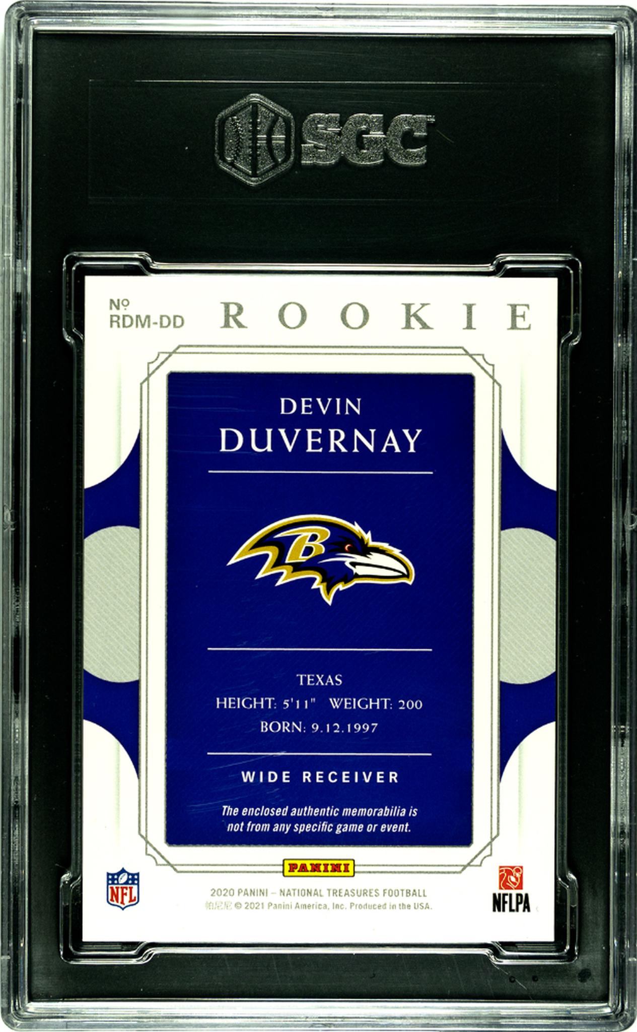 2020 Panini National Treasures RDM-DD Devin Duvernay Rookie Dual Materials Rookie /13 SGC 9.5 Mint Baltimore Ravens