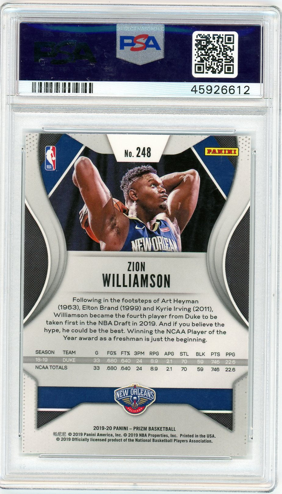 2019 Panini Prizm 248 Zion Williamson Rookie PSA 10 Gem Mint Pelicans