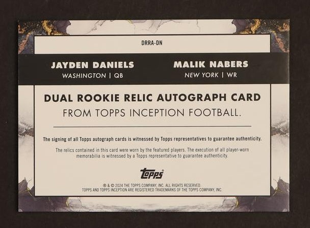 2023 Topps Inception DRRA-DN Jayden Daniels Malik Nabers Dual Rookie Relic Autograph Rookie Washington New York