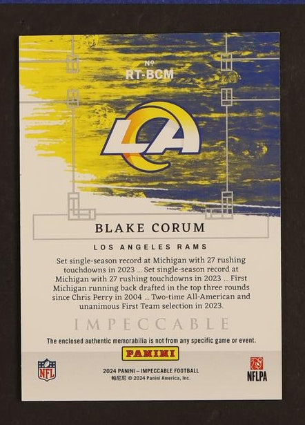 2023 Panini Impeccable RT-BCM Blake Corum Rookie Towels Rookie /10 Los Angeles Rams