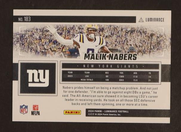 2023 Panini Luminance 183 Malik Nabers Rookie New York Giants