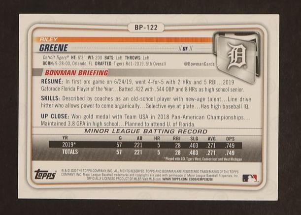 2024 Topps Archives Signature Series #BP-122 Riley Greene RC Auto /37