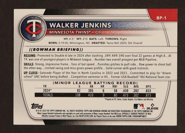 2025 Bowman Prospects #BP-1 Walker Jenkins Orange /25