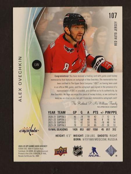 2020 Upper Deck SP Game Used 107 Alex Ovechkin /15 Capitals Auto