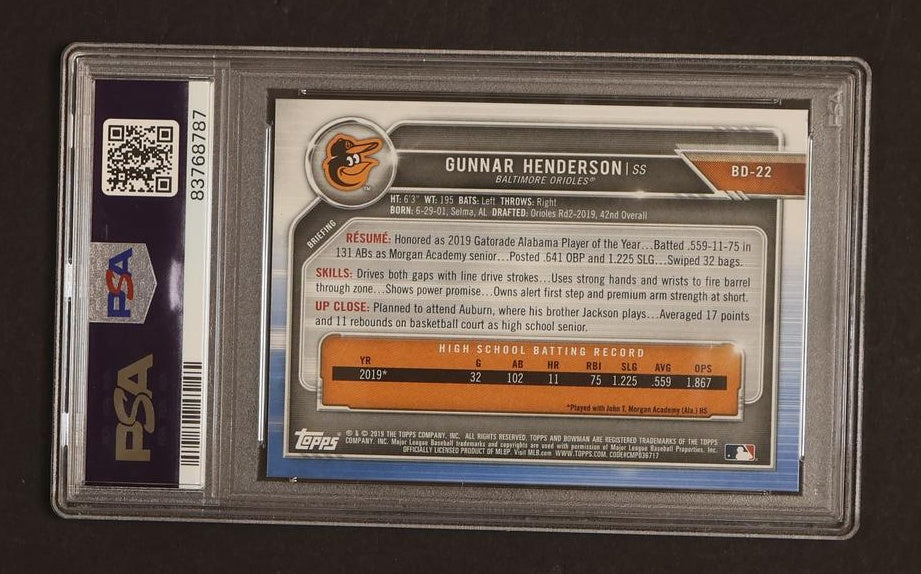 2019 Topps Bowman Draft Gunnar Henderson #BD-22 1st Bowman PSA 10