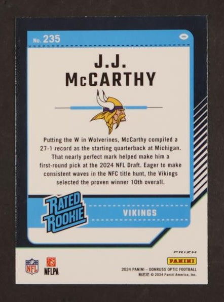 2023 Panini Donruss Optic 235 J.J. McCARTHY Rated Rookie Minnesota Vikings