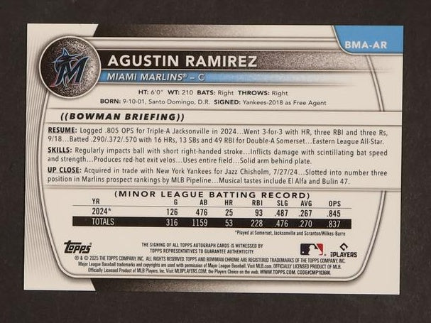 2023 Bowman Chrome BMA-AR Agustin Ramirez Gold Miami Marlins Auto
