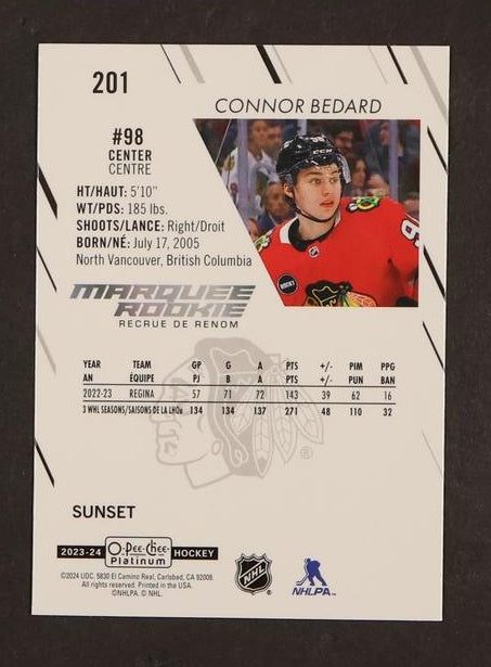 2022 O-Pee-Chee Platinum 201 Connor Bedard Marquee Rookies Sunset Rookie Chicago Blackhawks